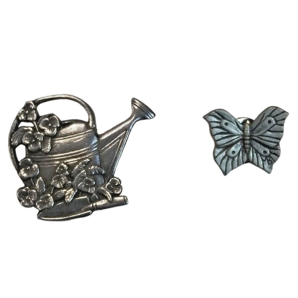 Signed Bastin Butterfly Lapel Pin Brooch and Birds & Blooms Watering Can Lot VTG